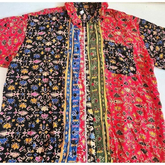 Vintage 90s Button Up Shirt Womens Size L Red Multi Batik Oversized Rayon Baggy - Picture 1 of 10